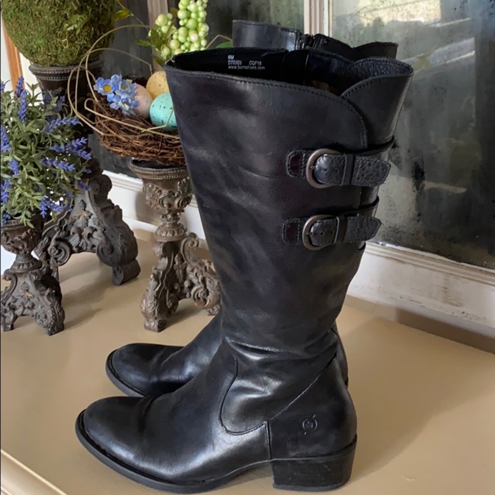 Born black leather tall boots w/ zipper closure.